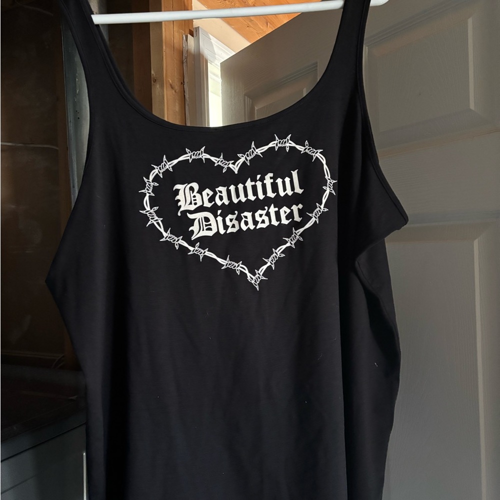 Black Graphic Heart Tank Top with White 'Beautiful Disaster' Print